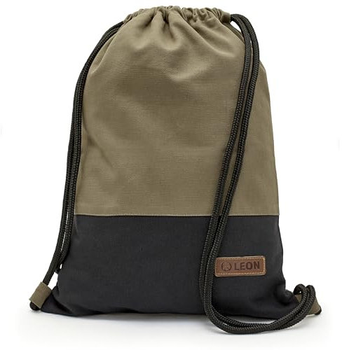 By Bers LEON Turnbeutel mit Innentaschen Reißverschluss Rucksack Beutel Tasche Damen Männer & Teenager Gymbag Gymsack (TB_Khaki_SchwarzStoff)