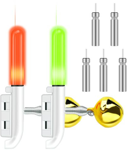 Upgraded Fishing Light, 2pcs Fishing Bite Alarm Rod Tip Lights for Night Fishing Portable Alerter Tackle Sea Fishing Accessories (Green, red & Flashing & Bells Ring on bite)