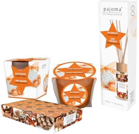 pajoma® Xmas Set Zimt-Orange - Raumduft 100 ml - 30 Duft-Teelichte - 2X Duftkerzen | Festlicher Weihnachtsduft für gemütliche Momente | Premium Qualität