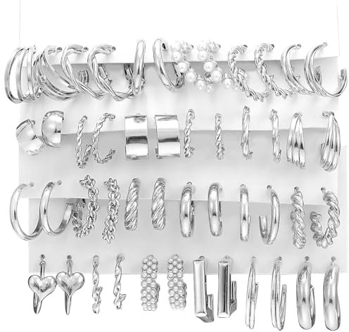 JSTHHTT 24 Paar Silber Ohrringe Damen, Creolen Silber Damen Ohrringe, Ohrringe Creolen Set, Ohrringe Silber, Kleine Klobige Creolen Ohrringe, Damenohrringe für mehrere Piercings