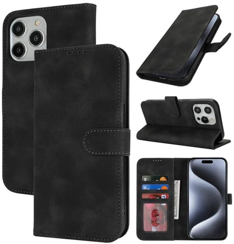 Zouzt Hülle für iPhone 15 Pro 6,1-Zoll, Stoßfestes PU Leder Handyhülle Lederhülle Klapphülle mit Kartenhalter und Standfunktion Flip Leather Wallet Phone Cover (Vintage Schwarz)