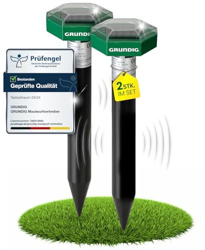GRUNDIG Maulwurf Vertreiber Wühlmausschreck 2erPack - SCHNELLE Ergebnisse mit extremen Wirkradius I Wühlmaus, Maulwurf vertreiben - Solar Maulwurfschreck Maulwurfvertreiber (dunkelgrün)