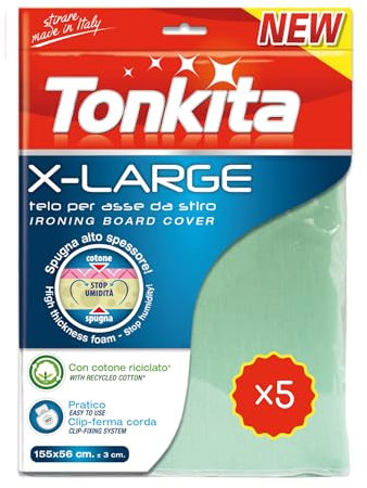 Tonkita | X-Large Telo per ASSE da Stiro 155x56 cm, Copri ASSE in Cotone Riciclato e Spugna con Clip Ferma Corda, per Assi da Stiro Fino a 147x48 cm, Extra Large Made in Italy, Confezione da 5 Pezzi
