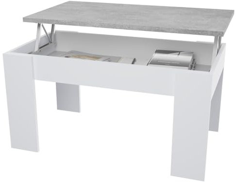 amuéblate online - Mesa de Centro Elevable, Mesita de Salón o Comedor, Acabado en Blanco con Tapa Gris Cemento, Medidas, 90 cm (Ancho) x 50 cm (Fondo) x 46, 57 cm (Alto)