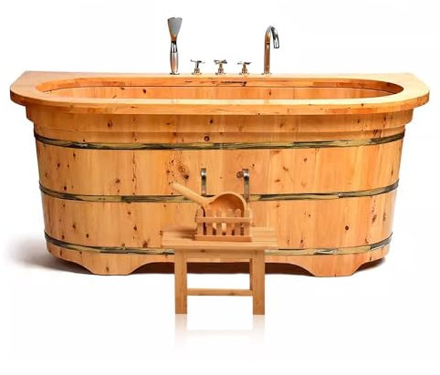 Bañera de madera natural con juego de grifos, incluye sofá exterior y cuchara de agua, bañera independiente para adultos y niños, baño familiar
