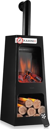 KAMINIO Elektrischer Gartenkamin Kai mit Ofenrohr - Elektro Terrassenofen mit Heizung, 3D-Flammeneffekt, Holzfach, LED-Ambientelicht, Fernbedienung (Large)
