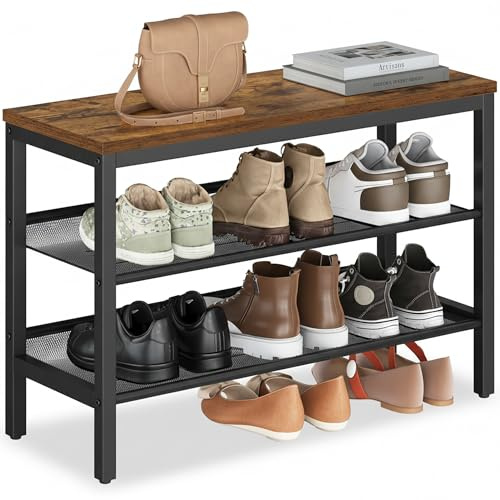 VASAGLE Schuhbank mit 3 Ebenen, Industrie-Stil, 28 x 75 x 50 cm | Einteiliges Design, mit erhöhten Kanten, einfache Montage, Rustikales Braun und Mattschwarz, DACEY Kollektion LSB070KD02