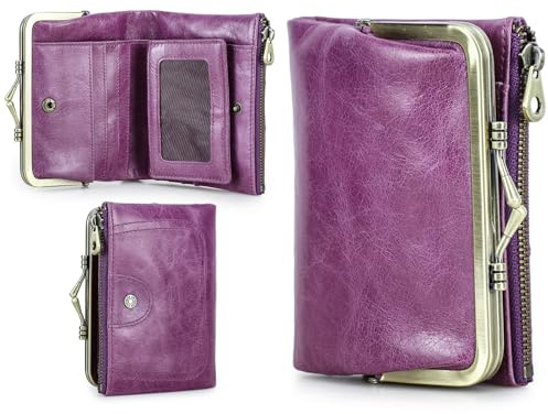 CONTACTS RFID-Brieftasche für Damen, mit Kussschloss, kompakt, zwei Klappen, aus Leder, mit Reißverschlusstasche, Kreditkartenhalter, klein, mit Sichtfenster für Ausweis, Rot, Hellviolett