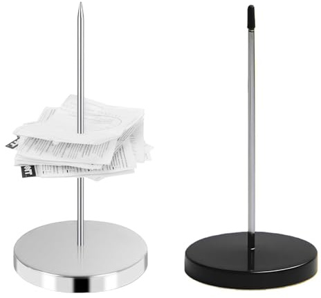 Punzón Organizador de Notas y Recibos 2 Unidades, pincho de Acero Inoxidable 140 mm con Base Antideslizante de 70 mm, Color Negro y Plateado, Ideal para Cocina, Oficina y hostelería