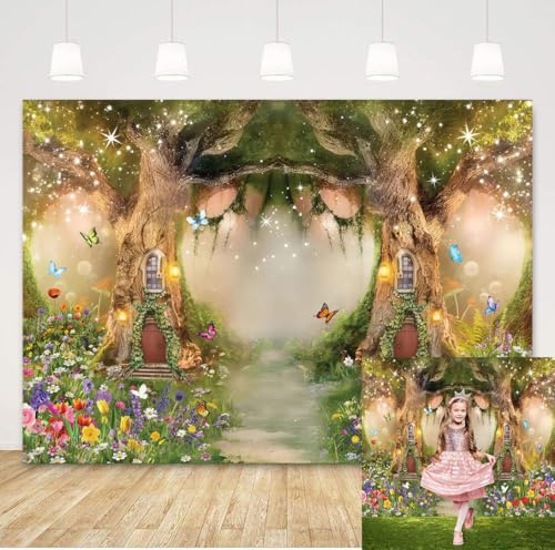 Enchanted Forest Backdropfor Photography Fairy Tale Garden Flowers Butterfly Background Magic Wonderland Backdrop Kids Birthday Baby Shower Party Supplies Photo Booth Shoot (7x5FT)