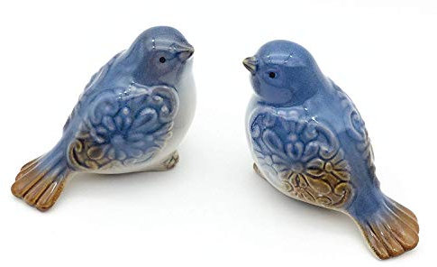 FICITI Set mit 2 Keramik-Vogelfiguren, Blume, verziert, Garten-Statue, Heimdekoration, Mini-Vogel-Ornamente