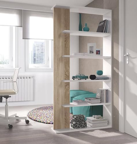 Dmora - Columbia Bücherregal, doppelseitiges Bücherregal mit 5 Regalen, Trennregal für Büro oder Schlafzimmer, 90 x 25 x 180 cm, Weiß und Eiche