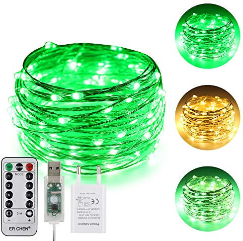 ErChen USB Strom-betrieben Zweifarbige Led Lichterketten, 33 FT 100 Leds Farbe ändern Dimmbar 8 Modi Silber Kupfer Draht-Lichterketten mit Fernbedienung Timer für Innen Außen (Warmweiß, Grün)