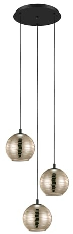 EGLO Cluster Hängelampe Lemorieta, 3-flammig, Glas Pendelleuchte Esstisch | Treppenhaus Deckenlampe hängend, Metall in Schwarz, Glaskugeln in Gold, E27 Fassung