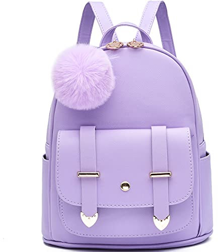 I IHAYNER Zaino alla moda per ragazze, mini zaino, borsa per donne, ragazze, adolescenti, borse in pelle PU con pompon, zaino borsa a tracolla, Viola, Small, classico