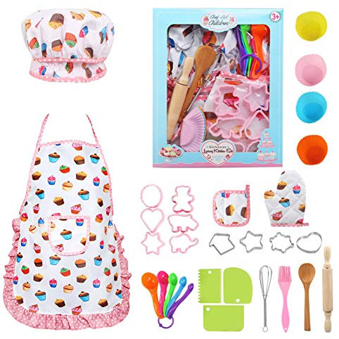 LEADSTAR Delantal Infantil, Delantal Niña Gorro Cocinero Infantil Delantales Cocinera para Niña Niños Juguetes Regalos Accesorios de Cocina para Niñas 3 -12 Años para Navidad y Fiesta de Cumpleaños