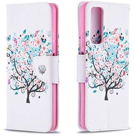 AIFILLE Kompatibel mit Weiß Huawei P Smart 2021 6.67 Zoll Hülle Handyhülle Silikon Bumper Brieftasche Mädchen PU Leder Tasche Schutzhülle mit Muster Blumen Baum Kartenhalter Standfunktio Cover