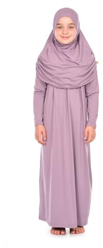 ihvan online Einteiliges muslimisches Kleid für Mädchen Langarm Islamisches Gebetskleid mit Kopfschal für muslimische Mädchen Jilbab Hijab Muslim Girls Mode Abayas Größe: 8-12 Jahre alte Farbe: Lila