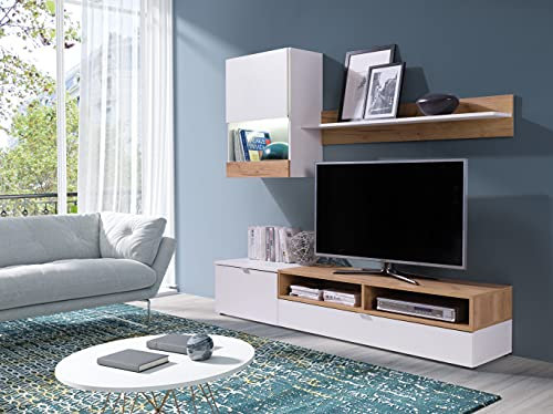 Furniture24 Wohnwand ROCO Anbauwand Schrankwand 2 Türen 1 Klappe Lowboard Schrank Hängeregal Hängevitrine Weiß matt Eiche Gold