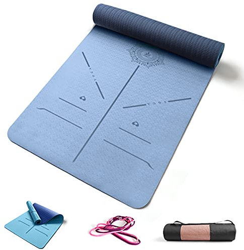 FP-TECH TAPPETINO DA YOGA IMBOTTITO ANTISCIVOLO FITNESS PILATES GINNASTICA IN TPE MAT CON SACCA 183 X 68 X 0.8 CM (Blu-Azzurro Cielo)
