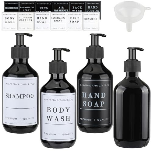 ZEOABSY Lot de 4 Rechargeables Noir Flacons à Pompe Vides en Plastique de 300 ML avec Pompe Distributeur de Lotion, Shampooing, Crème lavante, Gel Douche, Salle de Bains Hôtel, Entonnoir