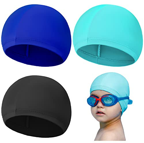 SATINIOR 3 Pièces Bonnets de Bain Unisexe pour Enfants Bonnets de Natation en Tissu Élastique pour Garçons et Gilles Bonnets de Piscine pour Cheveux Longs et Courts - Taille Unique EU