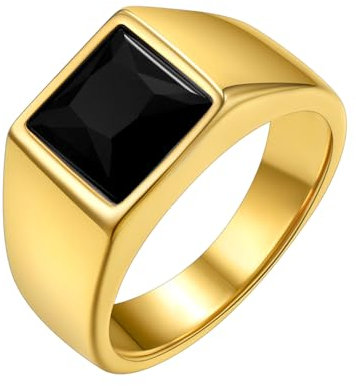 GoldChic Gold Ring Frauen Männer Edelstahlring Siegelring mit schwarzem Stein Eheringe 57mm Solitärring Bandring Herren Schmuck Accessoires