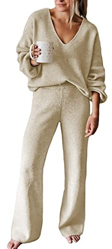 Viottiset Damen Lässiger Lockerer Pyjama Trainingsanzug Sweatshirts 2-Teilige Langarm Übergroßes Lounge-Set Aprikose L