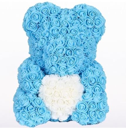 OISE ART STORE Trade Shop - Orsacchiotto Orsetto Orso di Rose con Fiori da 25cm Celeste con Cuore Bianco