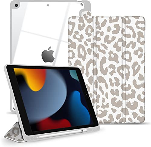 TopPerfekt Hybrid Slim Hülle für iPad 9th / 8th / 7th Generation (2021/2020/2019) 10,2 Zoll - Stoßfeste Abdeckung mit Klar Transparent Rückschale, [Stifthalter, Auto Sleep/Wake] Grau Leopard