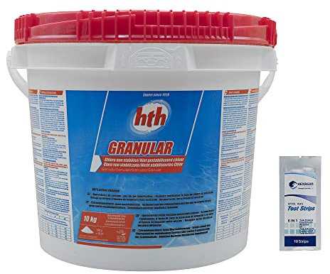 HTH Granular Granulat – 10 kg | Chlor-Schock-Chlor, nicht stabilisiert – Schockdesinfektion – Calciumhypochlorit mit schneller Auflösung + 10 HPS-Tests 6 in 1