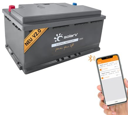 SolarV LiFePO4 12V 100Ah Batterie mit 100A BMS und Bluetooth für Solaranlage, Wohnmobil, Boot, Zuhause, Camping, 10 Jahre Lebensdauer, idealer Ersatz für Blei-Säure-AGM-Batterien