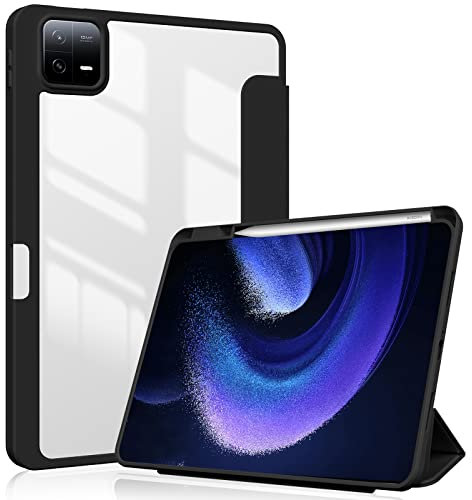ProtUTab Case Compatibale with Xiaomi Pad 6/Pad 6 Pro Case 11.0 inch, Auto Wake & Sleep Slim Trifold Stand Case Cover with Pencil Holder, Clear Trasparent Back Shell Csae,Black