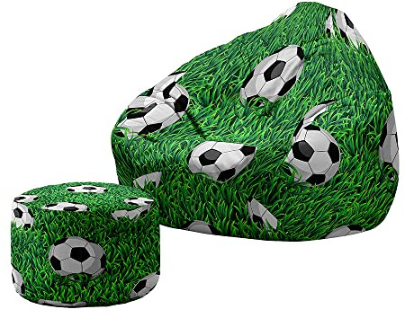 Treer Sitzsack mit Lehne und Hocker mit Ohne Füllung Großes Sofa Lazy Lounger Sitzsack Stuhlbezug Indoor Sitzsack Abdeckung für Kinder und Jugendliche (100x120+20x30cm,Fußball E)