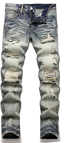 AITITIA Men's Ripped Regular Fit Jeans, 3003 Blue, 34