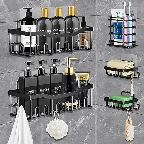 AMZJMT Estanteria baño, Estanteria baño sin taladro, paquete de 5 estantes de ducha de acero inoxidable con ganchos y soporte para pasta de dientes, para baño, dormitorio y cocina, negro