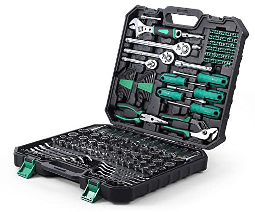 PioneerWorks Mechanic Tool Set, 213-piece Drive Socket Set in Tool Storage Case, SAE and Metric Socket Set, Cr-V Constructed, Mechanics Tools Kit for Auto Repair Household