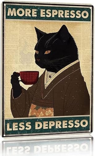 Vintage Black Cat Coffee Poster More Espresso Less Depresso Wall Sign Novelty Metal Tin Sign Home Vintage Art Decor Iron Painting 6X8 Inch
