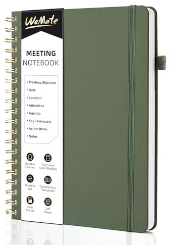 WEMATE Simplified Meeting Notebook for Work with Action Items 200 Pages Office Supplies for Planner, Spiral Hardcover Agenda Notebook for Office & Business Taking Notes, B5 (10 × 7) - Olive Green