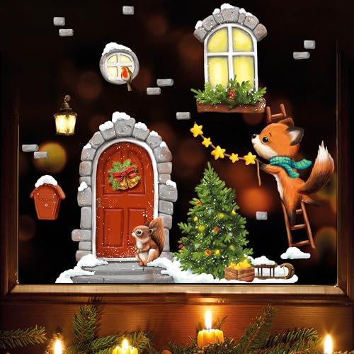 Fensterbild Weihnachten Winter Weihnachtstür mit Fuchs Leiter Weihnachtsdeko Schneeflocken Kinderzimmer Fenster, Weihnachtsdeko, A3 Bogen
