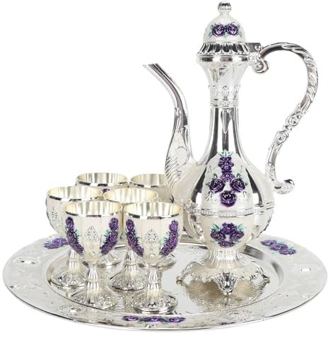 Vintage Turkish Coffee Pot Set, Turkish Tea Set with 6 Coffee Cups, Teapot and Tea Tray, Tea Service Set, Wine Decanter and Glasses Set for Home Tea Table Decor, Wedding Gifts
