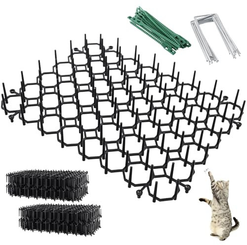 HEIHAK 24 PCS Cat Spikes Mat, 15 x 20 cm Plastic Anti Cat Spikes with 24 U Spikes and 40 Ties Cat Repellent Spikes for Indoor or Outdoor Garden Balcony