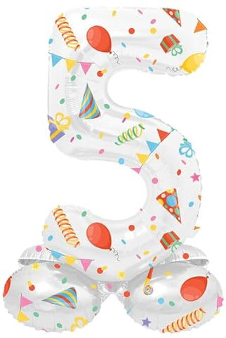 NEU Folienballon Mini Zahl 5, mit Standfuss und buntem Party-Design, ca. 40cm, Zahlenballon