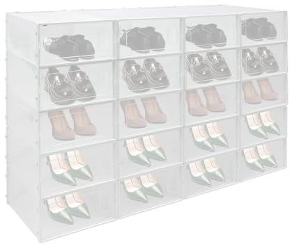 Froulaland Stapelbare Schuhkartons, 20 Stück Schuh-Organisatoren, Schuh-Aufbewahrungsbox 92 * 70 * 34.5cm Schuhe Box Stapelbar Schuhorganizer für Schuhe Aufbewahrungsbox Kunststoff Weiß