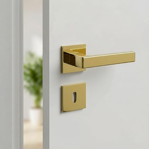 Gavroche Gold Türgriffe Innentüren Türdrücker BB Set eckige Türklinken Drückergarnitur Zimmertür Türbeschläge mit Rosettengarnitur aus Zink moderne Türdrückergarnitur in Gold