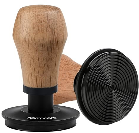 Normcore Kaffeestampfer V4, 58,5 mm, mit Titan-PVD-Beschichtung, geriffelter Boden, 6,8 kg/11,3 kg/13,6 kg, Ersatzfedern, federbelasteter Tamper mit echtem Eichenholzgriff
