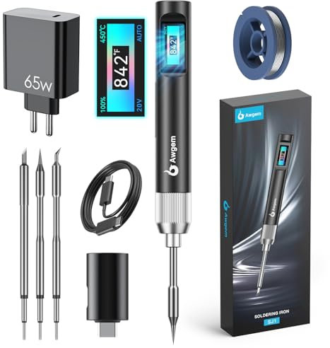 Awgem USB C Lötkolben, Lötkolben Set mit Einstellbar 60-450°C, 65W GaN Ladekopf, Digital Bildschirm, 2 Ersatzspitzen und USB C Kabel soldering iron Kompakt und leicht zu transportieren