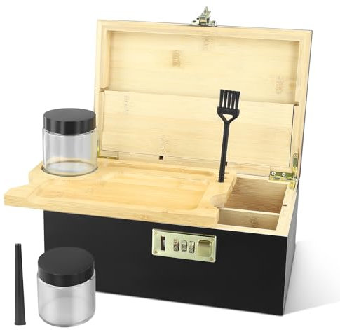 QCXWCJWD Rolling Box with Lock, Bamboo Rolling Tray and Accessories, Large Smell Proof Storage Set with 2 Jars, Tube, Decorative Treasure Storage (Black)