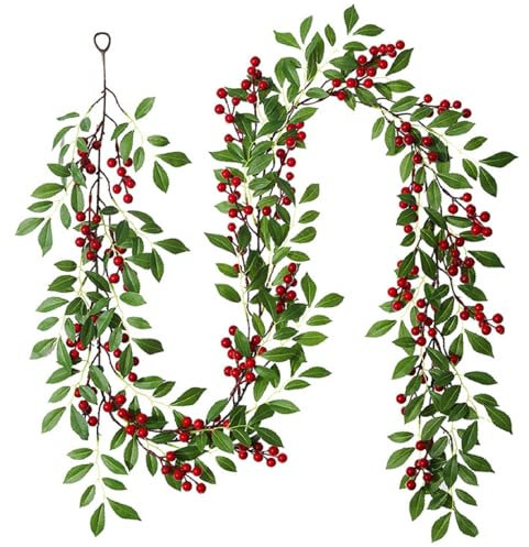 Weihnachtsgirlande Künstliche Weihnachten Girlande Deko, 200cm Beerengirlande Stechpalme Deko Rote Beeren Girlande, Künstliche Tannengirlande Weihnachtsdeko Für Kamin, Tür, Wand, Hochzeit (F)