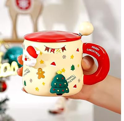Mug de Noël en céramique, motifs de Père Noël, sapin et pain d'épice, rouge et blanc (ROUGE)